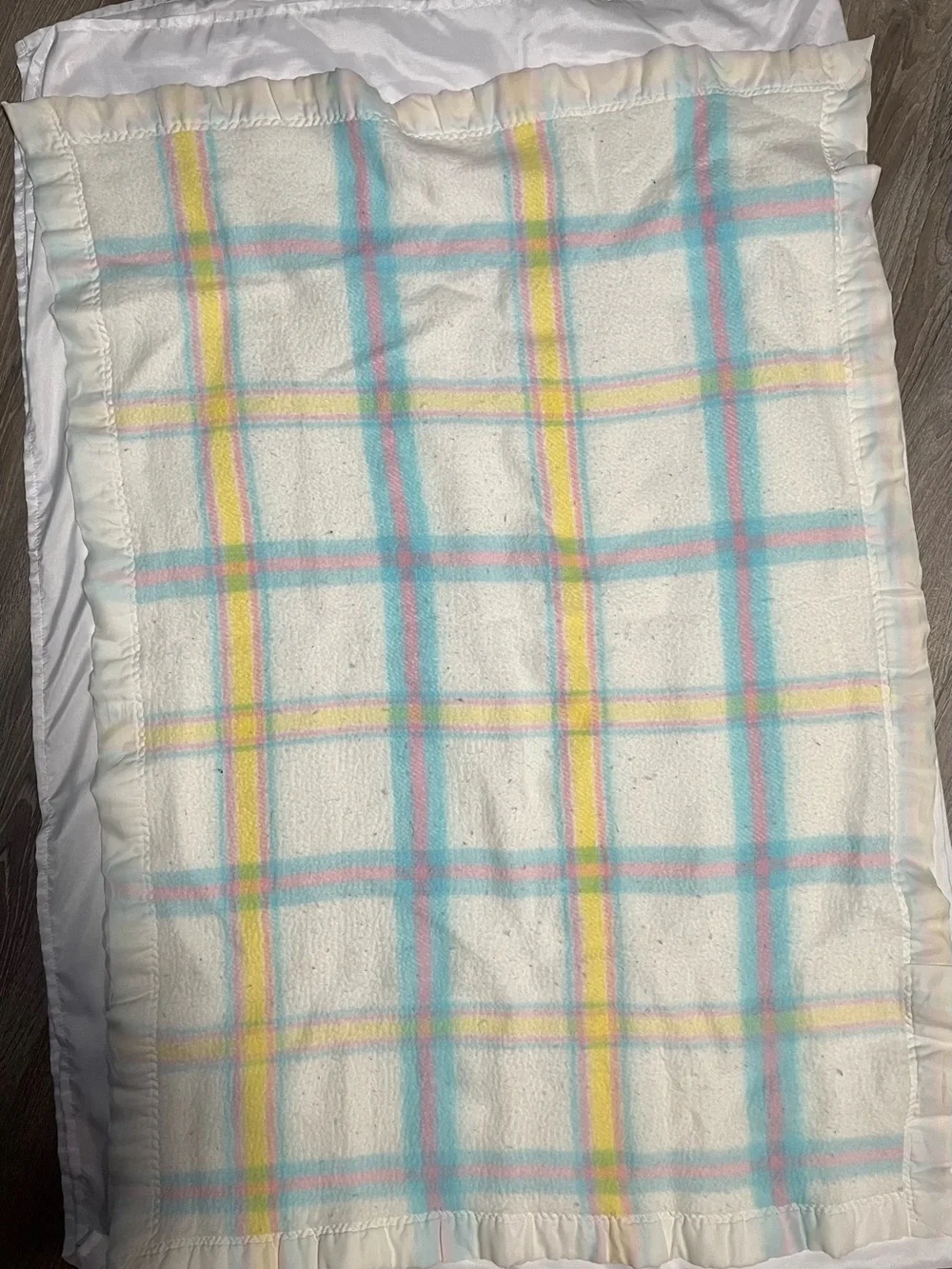 Vintage Esmond Baby Blanket Acrylic Pastel Plaid Nylon Trim 31x44